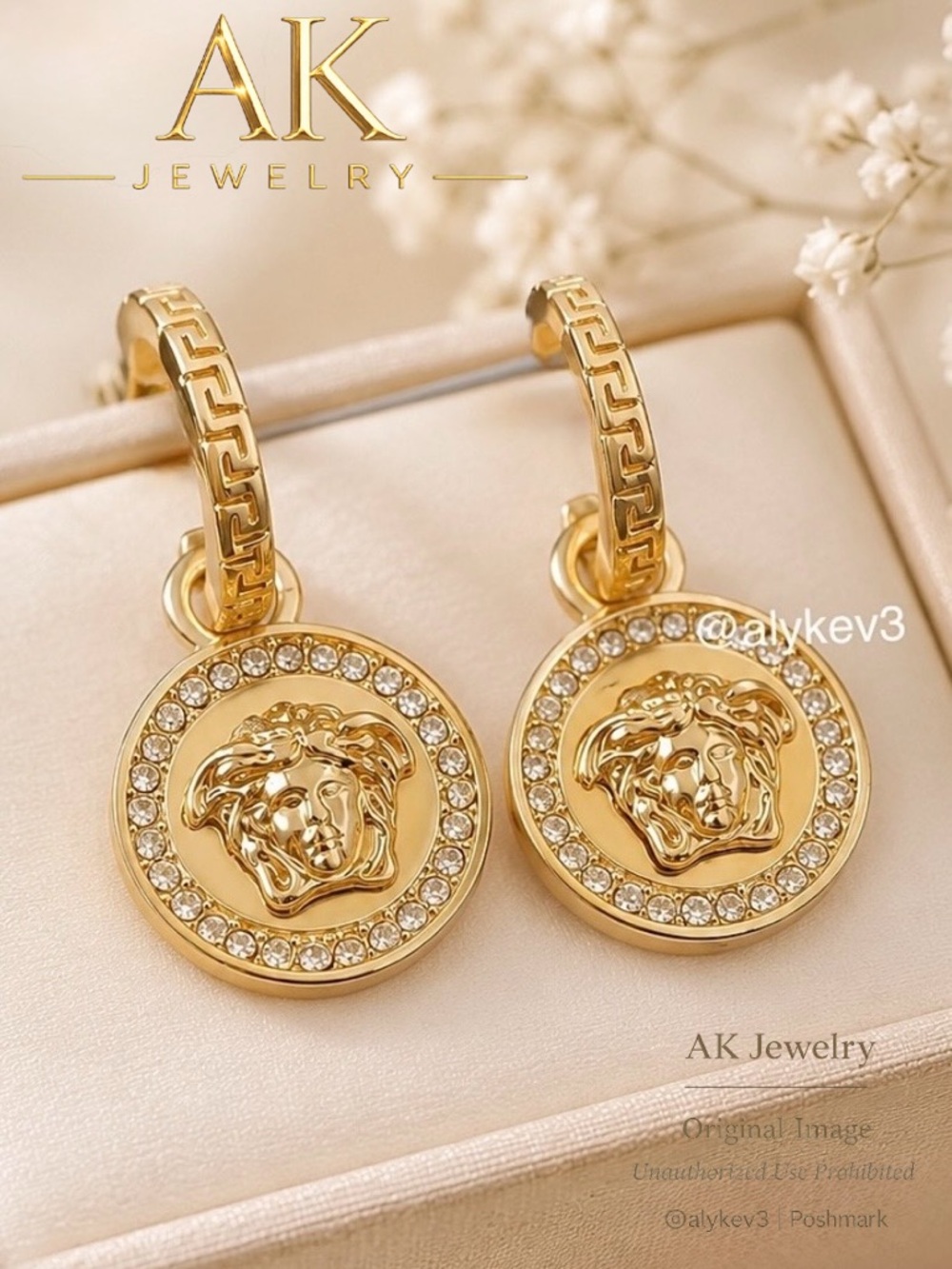 💎LUXURY Medusa 18K Greek Medallion Drop Hoop Earrings with Crystal Pave Halo